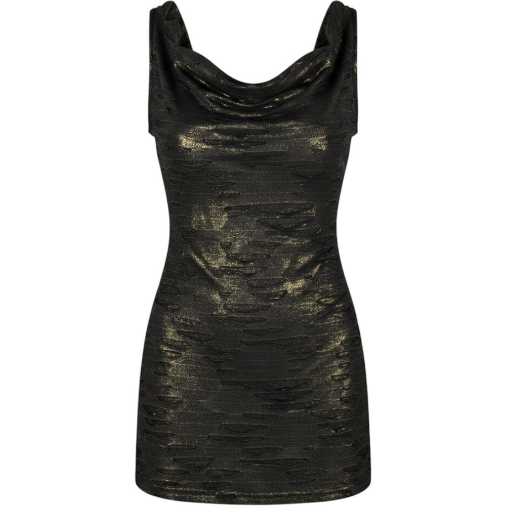 Daytrip Black Gold Metallic Cowl Neck Distressed Sleeveless Top TW6947 Medium